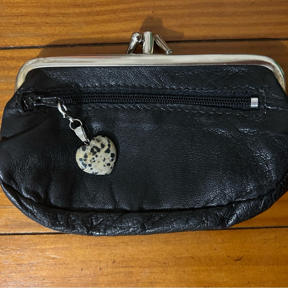 Vintage Black Leather Coin purse with Heart Charm.